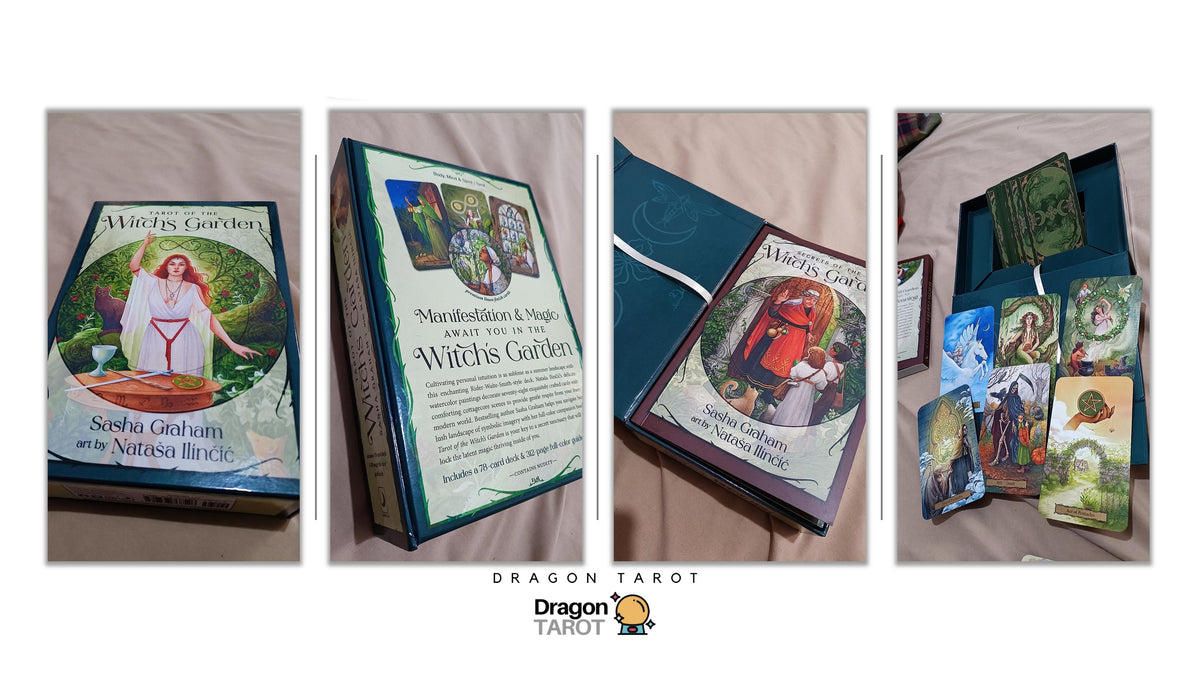 A collage showing multiple views of the Dragon Tarot deck and its box on a beige fabric background. The images include the front cover of the box, the back cover with text, a closed deck standing upright, and several individual tarot cards displayed inside an open box.