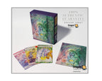 Dragon Tarot card deck packaging and cards displayed on a light gray background, featuring a purple box, several illustrated cards, and a card back with colorful fantasy artwork and the Dragon Tarot logo.