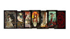 A row of illustrated tarot cards fanned out against a plain white background. The cards feature dark, gothic art with red, black, gold, and teal tones, including visible titles such as The Vampire'sAPE's Fate, Magician, Hierophant, Sun, and Death.