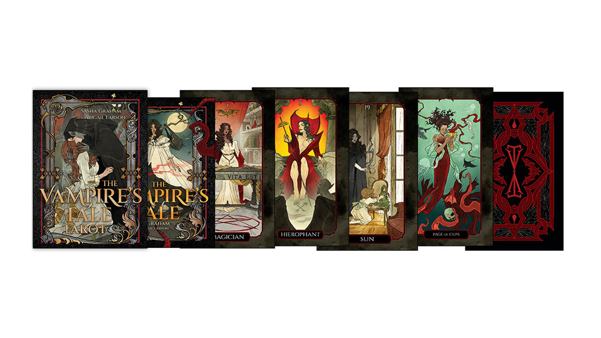 A row of illustrated tarot cards fanned out against a plain white background. The cards feature dark, gothic art with red, black, gold, and teal tones, including visible titles such as The Vampire'sAPE's Fate, Magician, Hierophant, Sun, and Death.