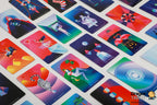 A set of colorful illustrated tarot cards arranged in a fan-like layout on a white surface. The cards feature vibrant abstract and fantasy-style artwork with various symbols and figures.