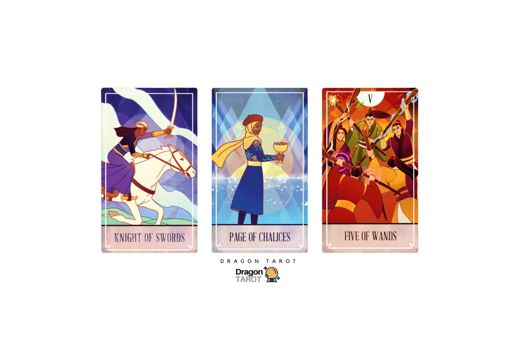 Three illustrated tarot cards are shown on a white background with Dragon TAROT branding and Thai text above and below. The cards depict a knight on a white horse with a sword, a figure in blue holding a cup, and figures holding red and gold swords.