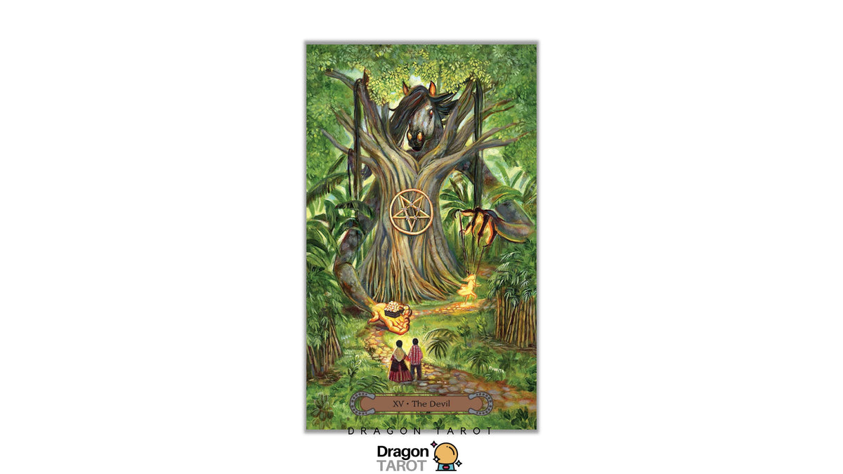 Dragon Tarot 'All Is Lost' card featuring an illustration of a large tree with a pentagram on its trunk, a bird perched on the branches, and two small figures standing below on a path, centered on a white background with the Dragon Tarot logo at the bottom.