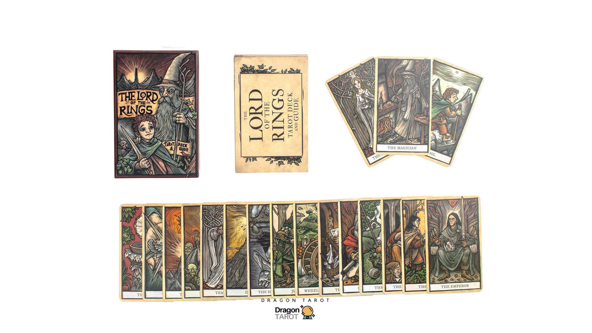 Dragon Tarot card deck set featuring Lord of the Rings themed cards, including The Lord of the Rings: Fellowship of the Ring card, The Lord of the Rings: The Two Towers card, and The Lord of the Rings: The Return of the King card, alongside standard Rider-Waite tarot cards, all displayed on a white background with Dragon Tarot branding.