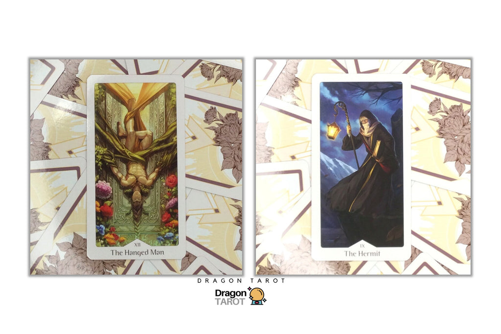 Two tarot cards displayed side by side on a patterned card backing, with the Dragon Tarot logo at the bottom. The left card is titled 'The Hungry Man' and shows a winged figure reaching toward food.