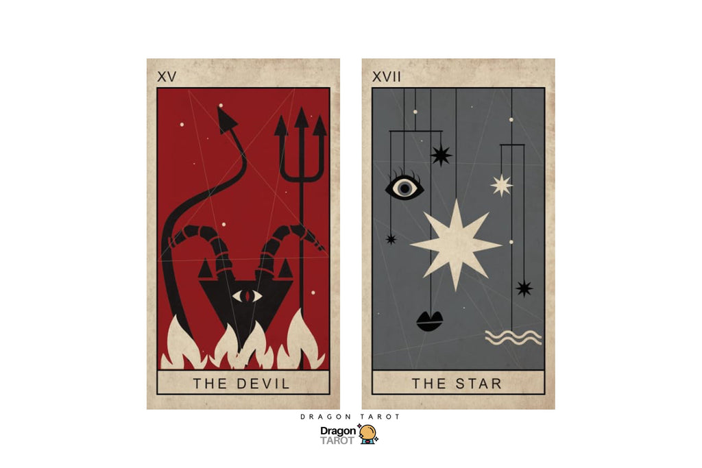 Two tarot-style cards shown side by side on a white background: The Devil card with a red field and black devil illustration, and The Star card with a dark gray field and cream star-and-eye design. Small Dragon Tarot branding appears below the cards.