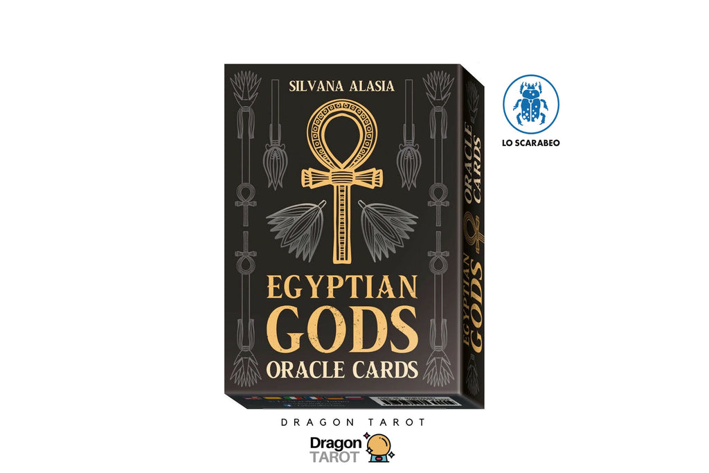 Egyptian Gods Oracle Cards box by Silvana Alasia, featuring a black cover with gold Ankh and hieroglyphic designs, shown on a white background with Dragon Tarot branding and a blue 'Lo Scarambo' emblem.