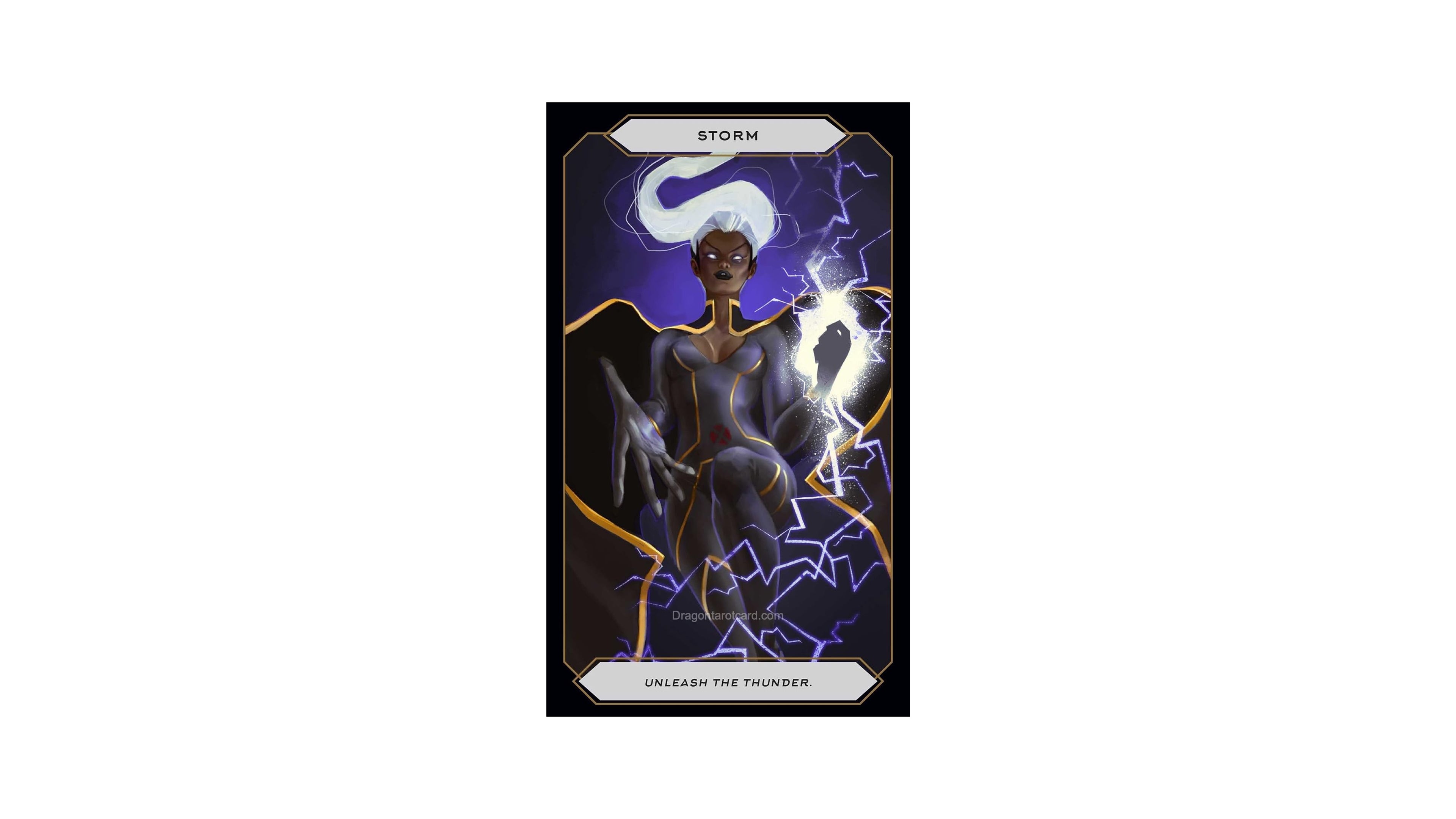 A fantasy art card featuring a dark storm goddess figure with lightning and a crescent moon, titled 'STORM' with 'UNLEASH THE THUNDER' at the bottom, centered on a white background.