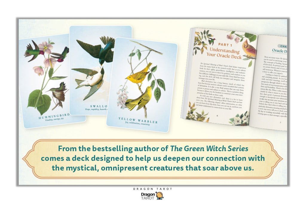 Dragon Tarot deck packaging and card artwork shown on a white background, featuring illustrated nature cards and an open book-style spread with text. A beige banner at the bottom contains promotional copy.
