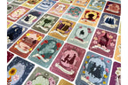 A grid of illustrated cards or prints arranged in rows, each featuring vintage-style artwork with silhouettes, flowers, and pastel backgrounds in many different colors.