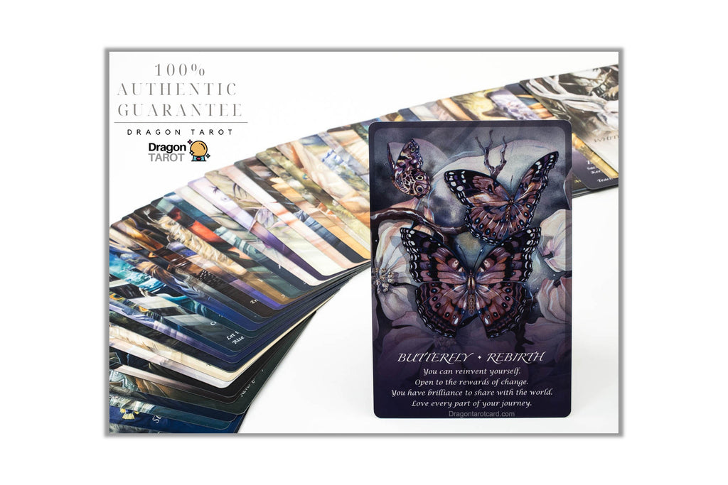 Dragon Tarot deck packaging and card display on a white background, featuring a butterfly card titled 'BUTTERFLY + REBIRTH' and a stack of illustrated tarot cards.