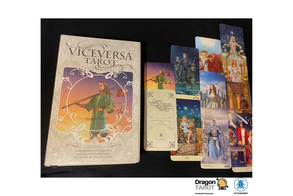 A boxed tarot card deck titled 'Viceversa Tarot' shown with several illustrated cards fanned out beside it on a black background. The box cover features a fantasy-style figure in green robes, and the cards display colorful artwork with figures and scenes.