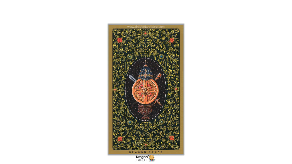 A framed art print featuring an intricate, traditional Indian miniature style illustration. The artwork has a dark green background with dense gold floral patterns, a central black oval containing a golden sun and a sword, and small red floral accents.