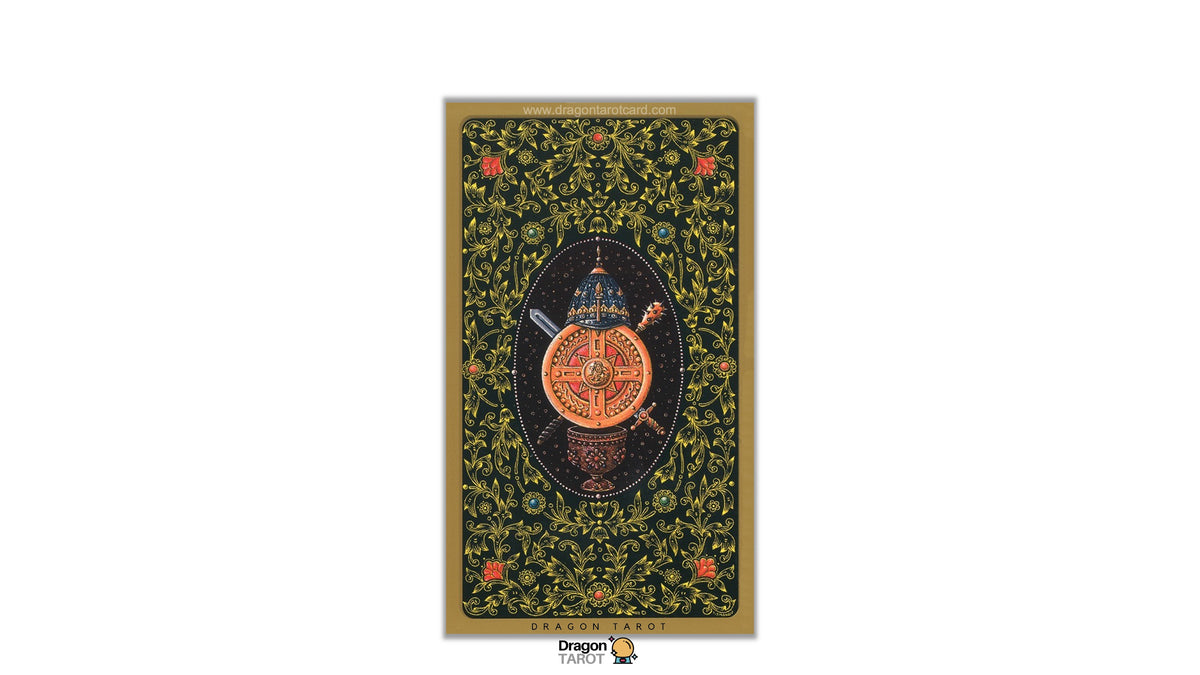 A framed art print featuring an intricate, traditional Indian miniature style illustration. The artwork has a dark green background with dense gold floral patterns, a central black oval containing a golden sun and a sword, and small red floral accents.