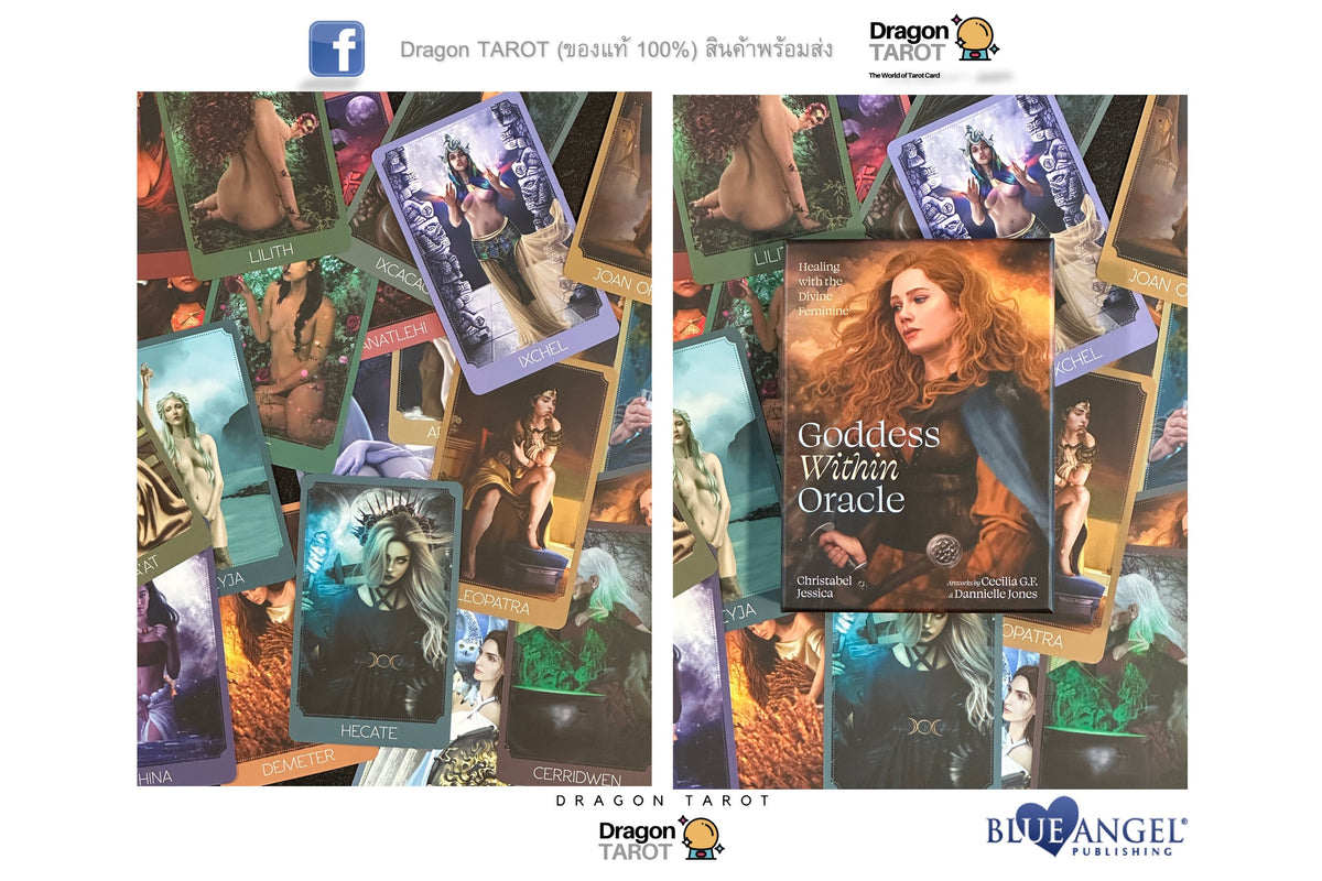 A collage-style promotional graphic for the Dragon Tarot / Goddess Wisdom Oracle deck, showing multiple tarot cards and the main oracle card cover arranged on a white background with brand logos at the top and bottom.