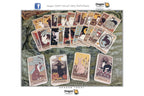 A set of illustrated tarot cards arranged on a textured green fabric background, with several cards laid out in rows and four cards displayed in front. The cards feature fantasy and gothic artwork in muted earth tones.