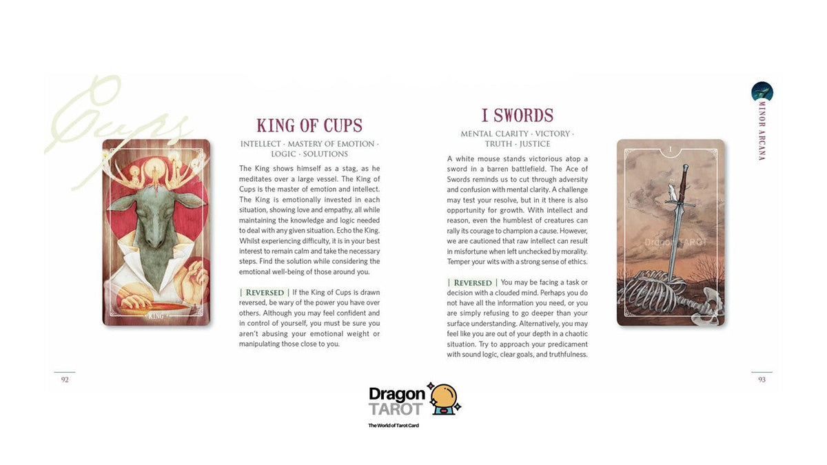 A printed page from a Dragon Tarot deck booklet or card guide, showing two illustrated card back designs with text labels 'King of Cups' and 'I SWORDS,' plus the Dragon Tarot logo at the bottom.