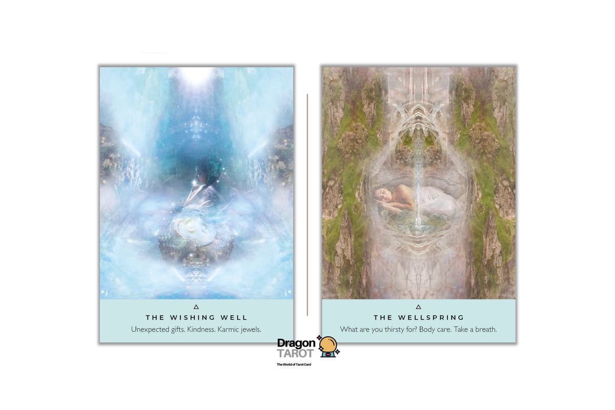 A comparison-style product image showing two Dragon TAROT tarot card art panels side by side on a white background. The left panel is titled 'THE WISHING WELL' with a soft blue misty scene and a seated figure.