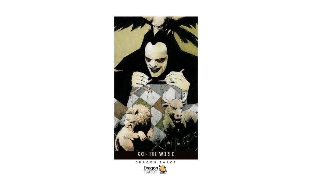 Dragon Tarot 'XXI - The World' card featuring a dark, gothic illustration of a vampire-like figure holding a geometric box with three small animals, set against a white background with Dragon Tarot branding.