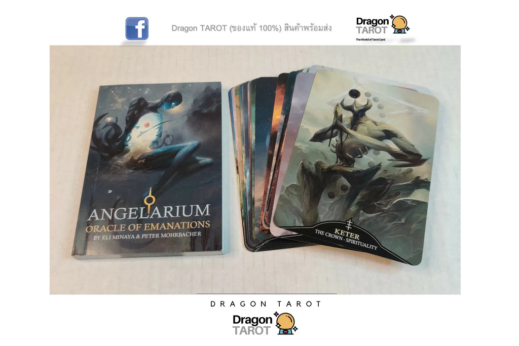 Angelarium Oracle of Emanations tarot deck and card box shown on a light beige surface, with several cards fanned out beside the box. The box cover and a card illustration feature dark fantasy artwork with a knight and a pale figure against a smoky background.