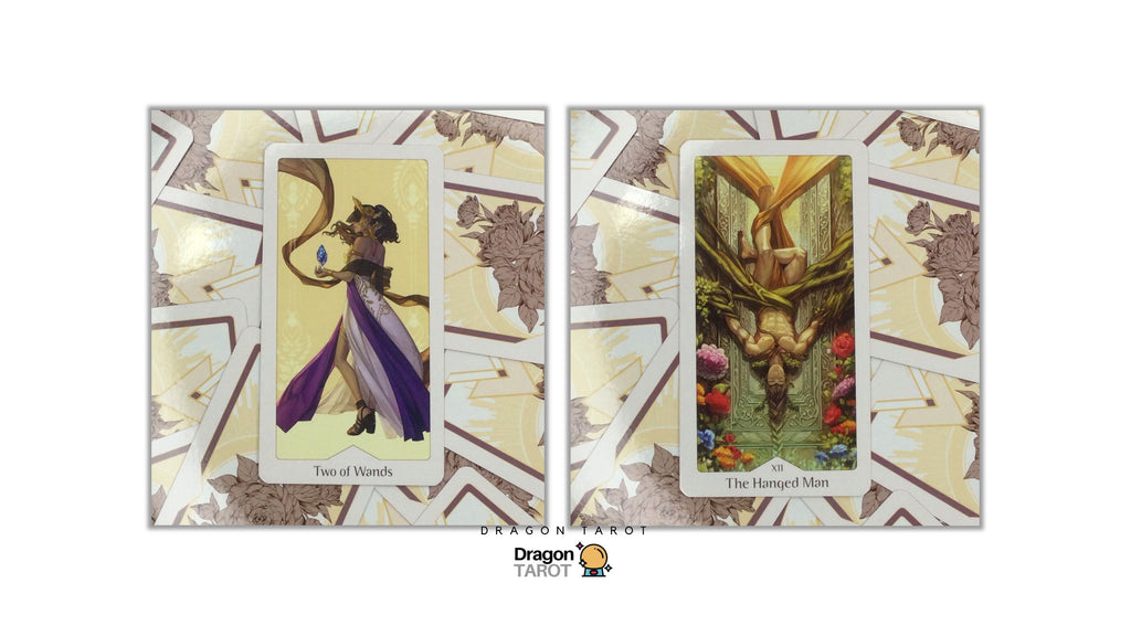 Two tarot cards displayed side by side on a patterned card background, with the Dragon Tarot logo at the bottom center. The left card is labeled 'Two of Swords' and shows a figure with a sword.