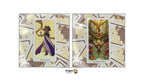 Two tarot cards displayed side by side on a patterned card background, with the Dragon Tarot logo at the bottom center. The left card is labeled 'Two of Swords' and shows a figure with a sword.