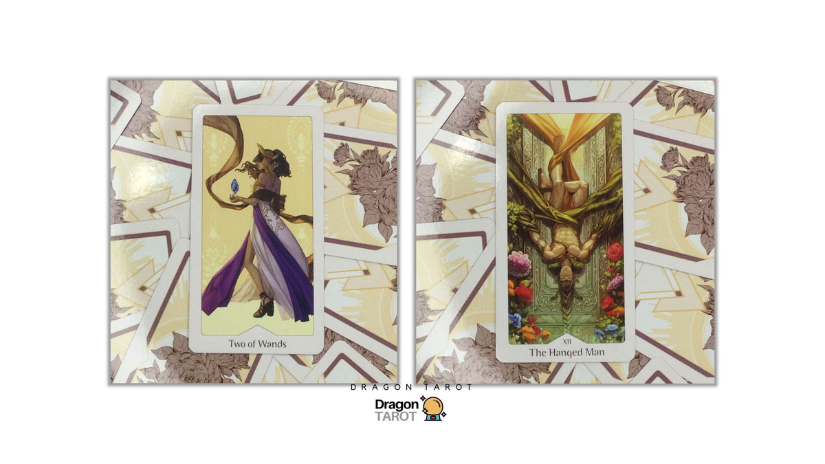 Two tarot cards displayed side by side on a patterned card background, with the Dragon Tarot logo at the bottom center. The left card is labeled 'Two of Swords' and shows a figure with a sword.