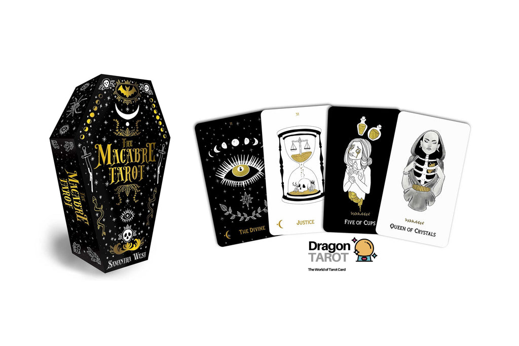 A boxed tarot card deck labeled 'The Magick Tarot' shown beside several fanned cards on a white background, with a Dragon Tarot logo below.