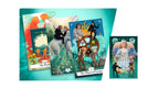 A set of illustrated tarot-style cards and a matching card back or art print displayed on a teal graphic background. The artwork features fantasy characters and symbols, including a white horse, a large wheel, and the title 'The Princess' visible on one card.