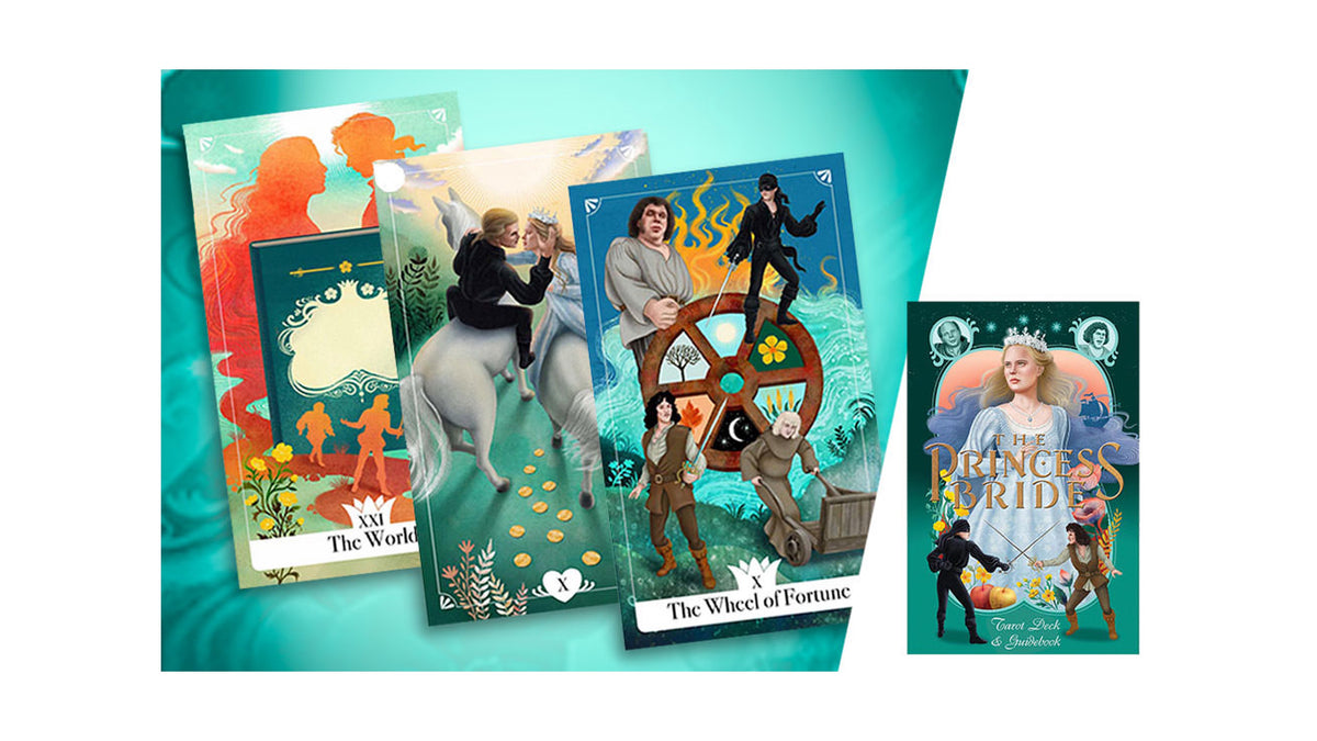 A set of illustrated tarot-style cards and a matching card back or art print displayed on a teal graphic background. The artwork features fantasy characters and symbols, including a white horse, a large wheel, and the title 'The Princess' visible on one card.