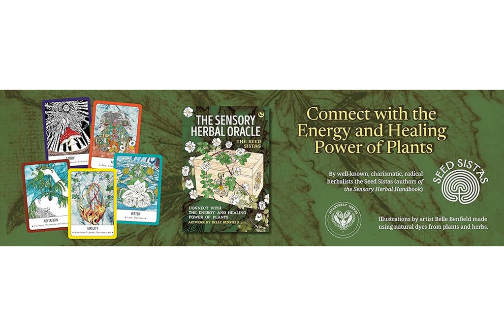 A promotional banner for 'The Sensory Herbal Oracle' featuring several illustrated oracle cards and the book cover on a textured dark green background, alongside the text 'Connect with the Energy and Healing Power of Plants' and 'Old Sister'.