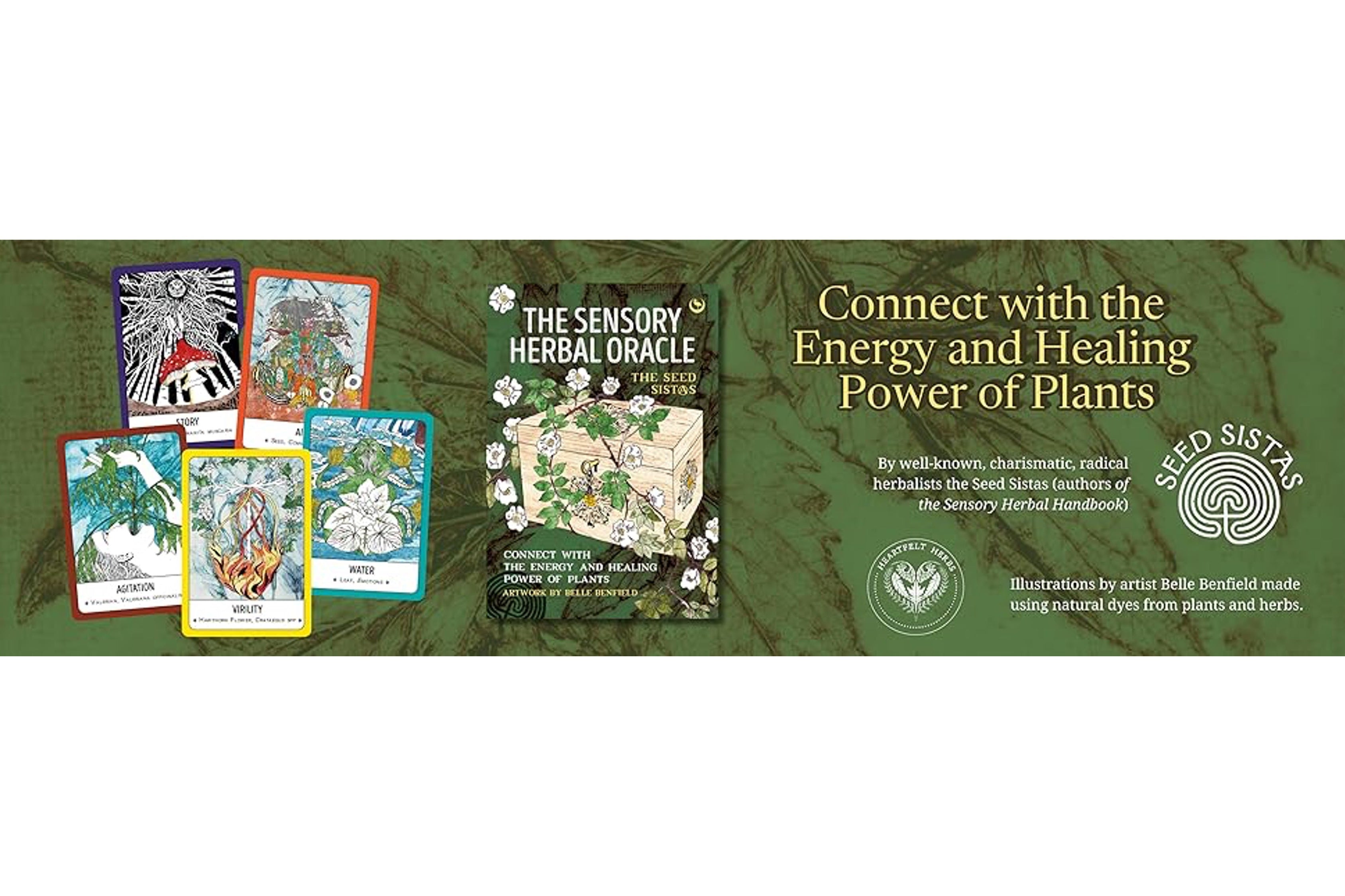 A promotional banner for 'The Sensory Herbal Oracle' featuring several illustrated oracle cards and the book cover on a textured dark green background, alongside the text 'Connect with the Energy and Healing Power of Plants' and 'Old Sister'.