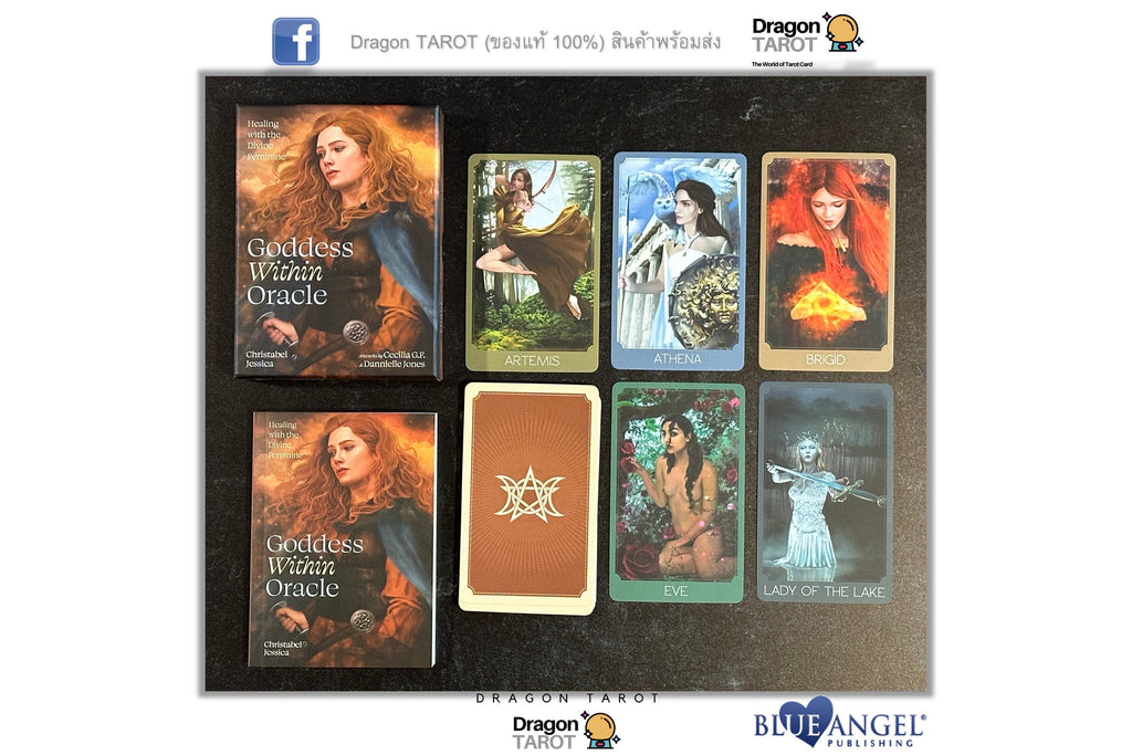Dragon Tarot Oracle card deck in a black presentation box, showing six illustrated cards and the brown-backed card with a gold star, on a white background with Blue Angel Productions branding.