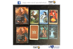 Dragon Tarot Oracle card deck in a black presentation box, showing six illustrated cards and the brown-backed card with a gold star, on a white background with Blue Angel Productions branding.
