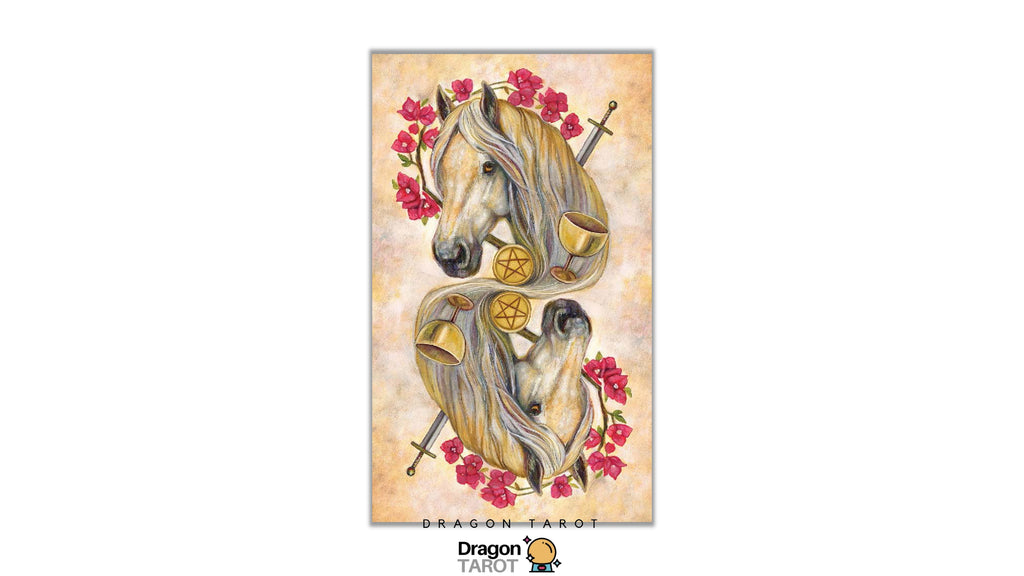A tarot card illustration featuring two overlapping horses in profile, decorated with red flowers, gold cups, swords, and a pentagram, on a textured beige background. The brand name 'Dragon Tarot' is visible at the bottom.