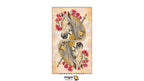A tarot card illustration featuring two overlapping horses in profile, decorated with red flowers, gold cups, swords, and a pentagram, on a textured beige background. The brand name 'Dragon Tarot' is visible at the bottom.