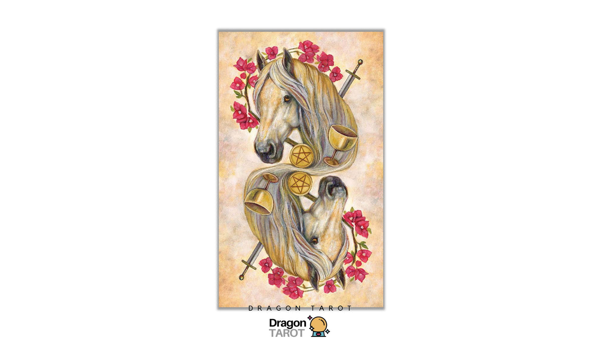 A tarot card illustration featuring two overlapping horses in profile, decorated with red flowers, gold cups, swords, and a pentagram, on a textured beige background. The brand name 'Dragon Tarot' is visible at the bottom.