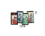 Four manga tarot card decks are displayed upright in a row against a plain white background, with Dragon Tarot branding and a Blue Label certification mark visible.