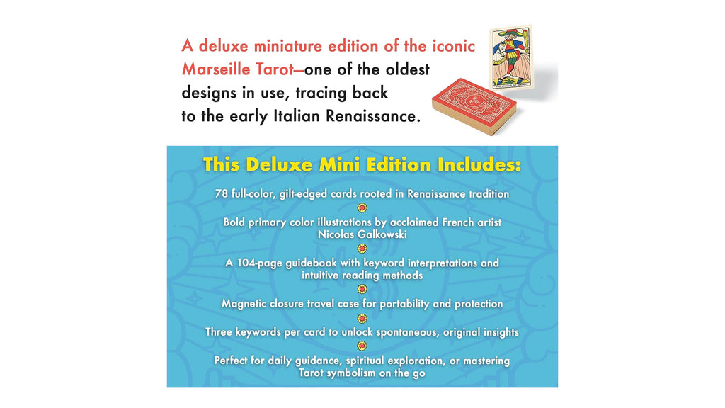 Promotional graphic for the Marseille Tarot Deluxe Mini Edition, featuring a small deck of tarot cards and a red card box on a white background, with descriptive text and a blue feature list.