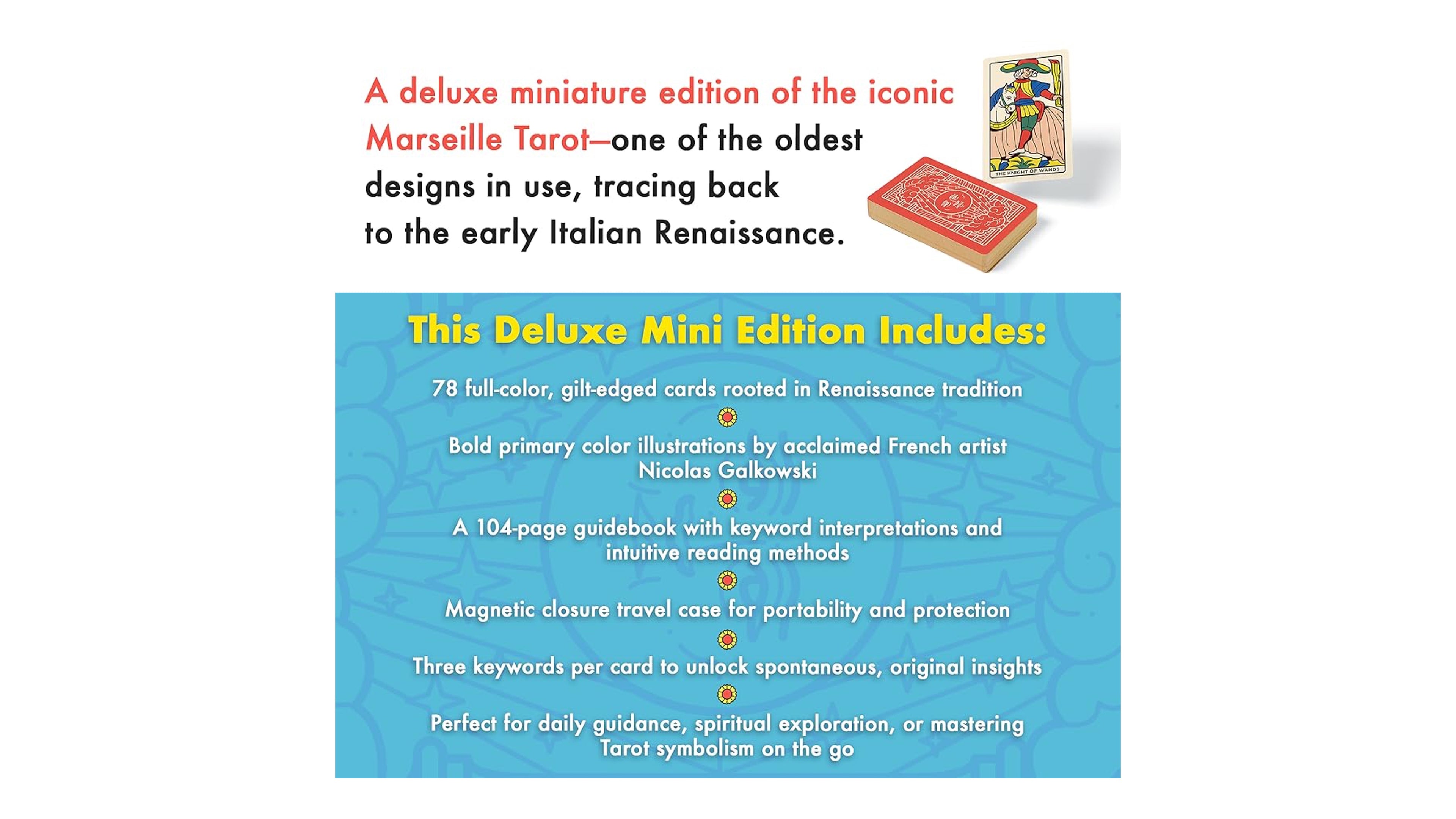 Promotional graphic for the Marseille Tarot Deluxe Mini Edition, featuring a small deck of tarot cards and a red card box on a white background, with descriptive text and a blue feature list.