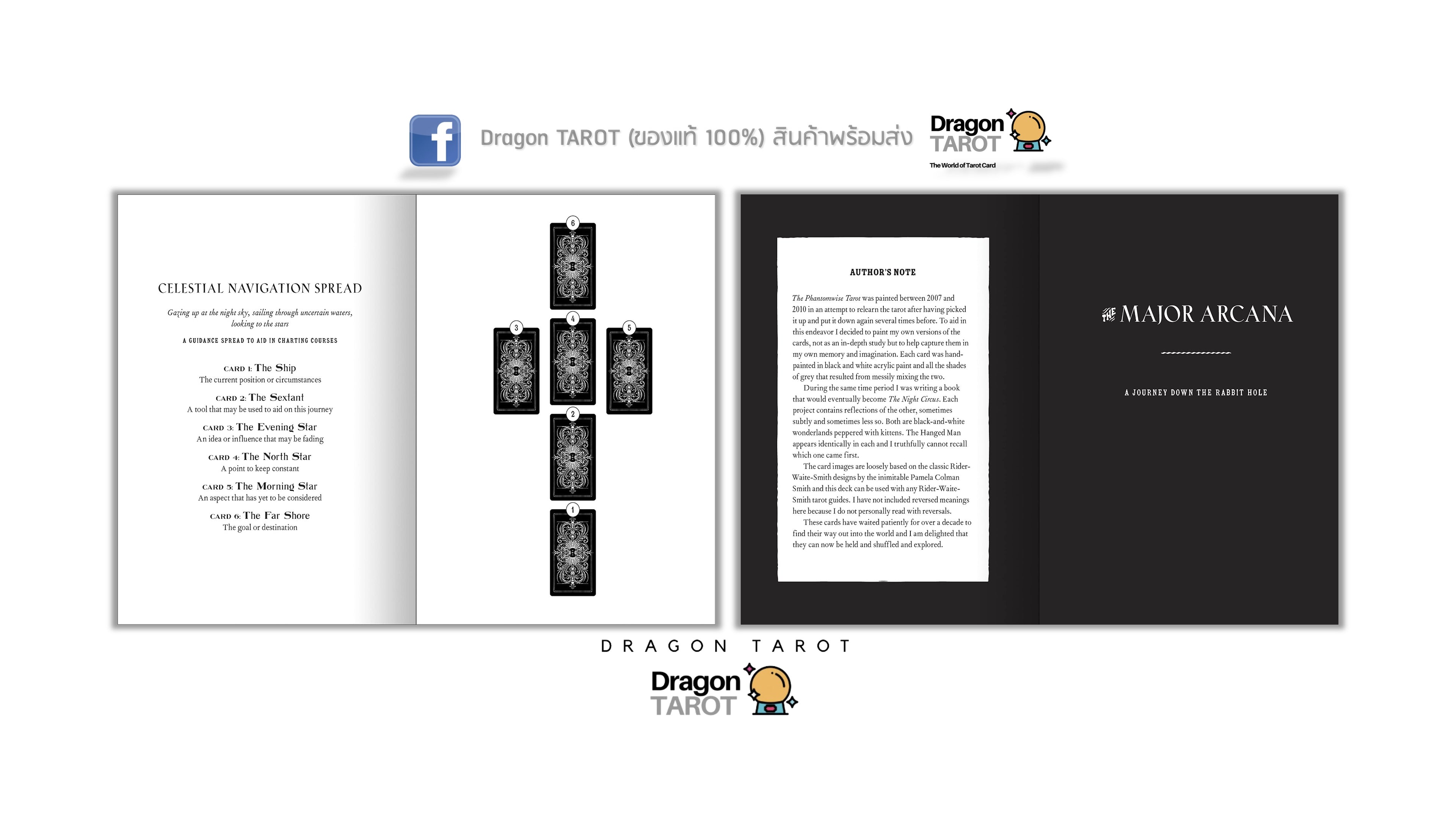 A tarot card guidance booklet shown open in three panels on a white background. The left panel shows the title page, the middle panel shows several black tarot card illustrations, and the right panel shows a dark cover with the text '# MATOR ARCANA' and 'A GIFT YOU WILL LOVE.