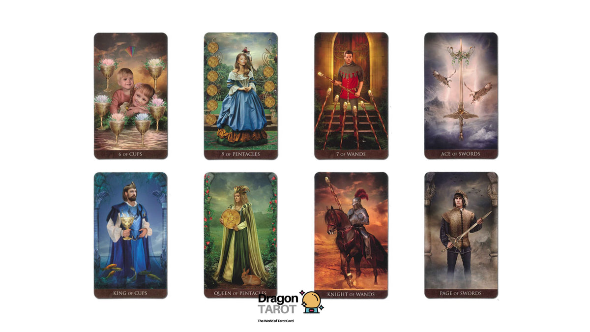 Eight illustrated tarot cards arranged in two rows on a white background, with a Dragon Tarot card logo at the bottom center. The cards feature fantasy and historical scenes with figures, animals, and dramatic environments.