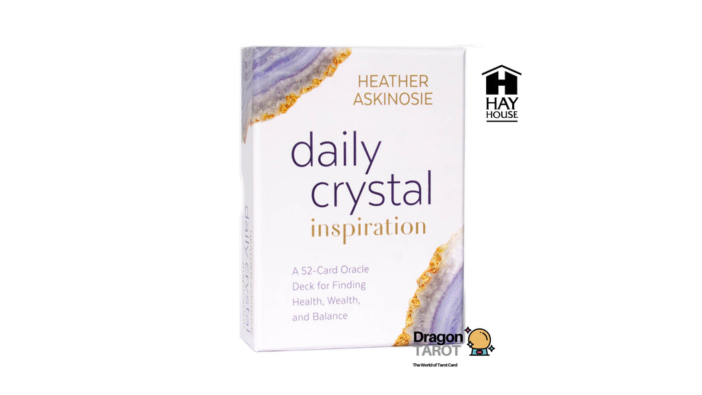The front cover of the 'daily crystal inspiration' oracle card deck box by Heather Askinosie, displayed on a white background with several brand and social media logos around it.