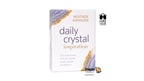 The front cover of the 'daily crystal inspiration' oracle card deck box by Heather Askinosie, displayed on a white background with several brand and social media logos around it.