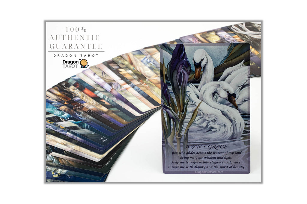 Dragon Tarot deck packaging and card display on a white background, featuring an illustrated swan card and a stack of cards with a '100% Authentic Guarantee' banner.