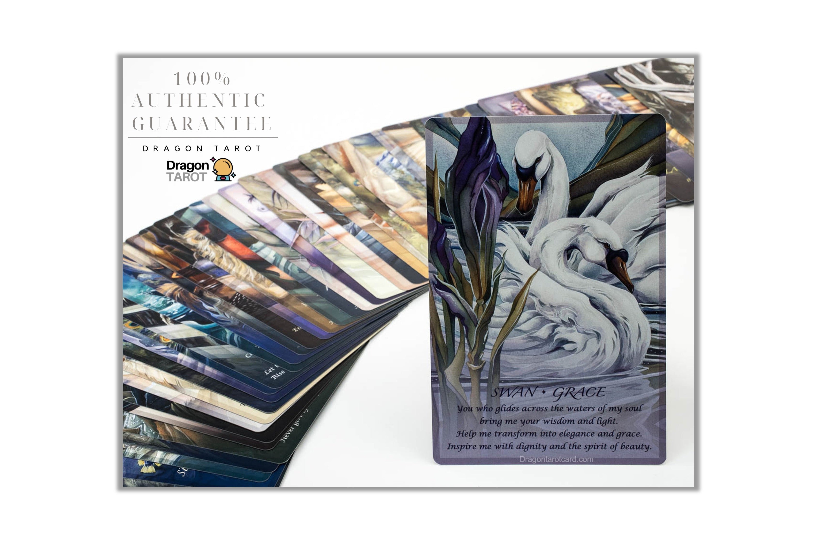 Dragon Tarot deck packaging and card display on a white background, featuring an illustrated swan card and a stack of cards with a '100% Authentic Guarantee' banner.