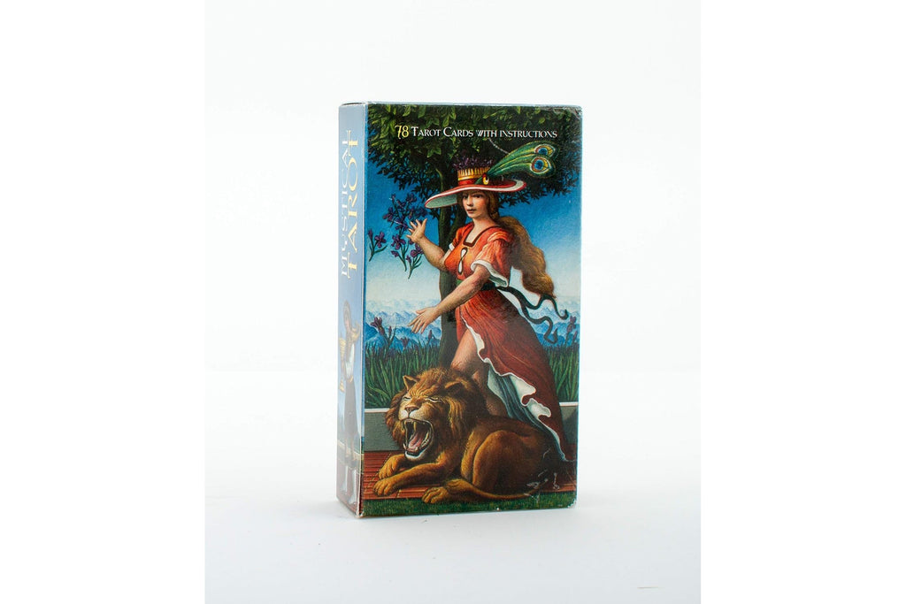 A boxed card deck titled "Historic Cards with Famous Plays" standing upright on a white background. The front cover features an illustrated scene of a woman in a red dress and hat standing on a lion, with blue sky and green foliage in the background.