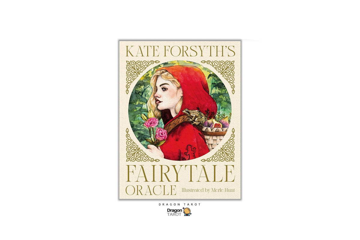 Dragon Tarot 'Kate Forsythi's Fairytale Oracle' card deck packaging shown on a white background with social media and brand logos above and below.