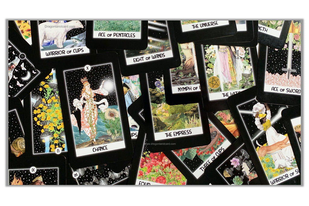 A collage of illustrated tarot cards with black borders overlapping on a white background. Visible card titles include The Emperor, Ace of Pentacles, Eight of Wands, The Lovers, Ace of Swords, The Empress, and Death.