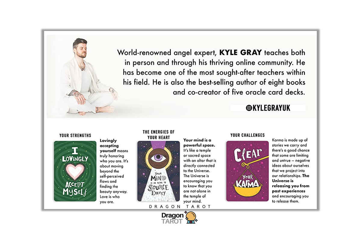 A promotional graphic for Kyle Gray, a dragon tarot oracle card expert, featuring a portrait of him on the top half and four sample oracle cards on the bottom half. The graphic includes text describing his background and the tarot cards.